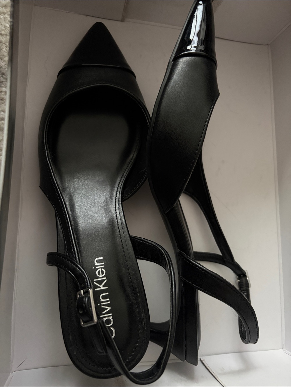 Calvin Klein Black Pointed Toe Patent Cap Slingback Heels